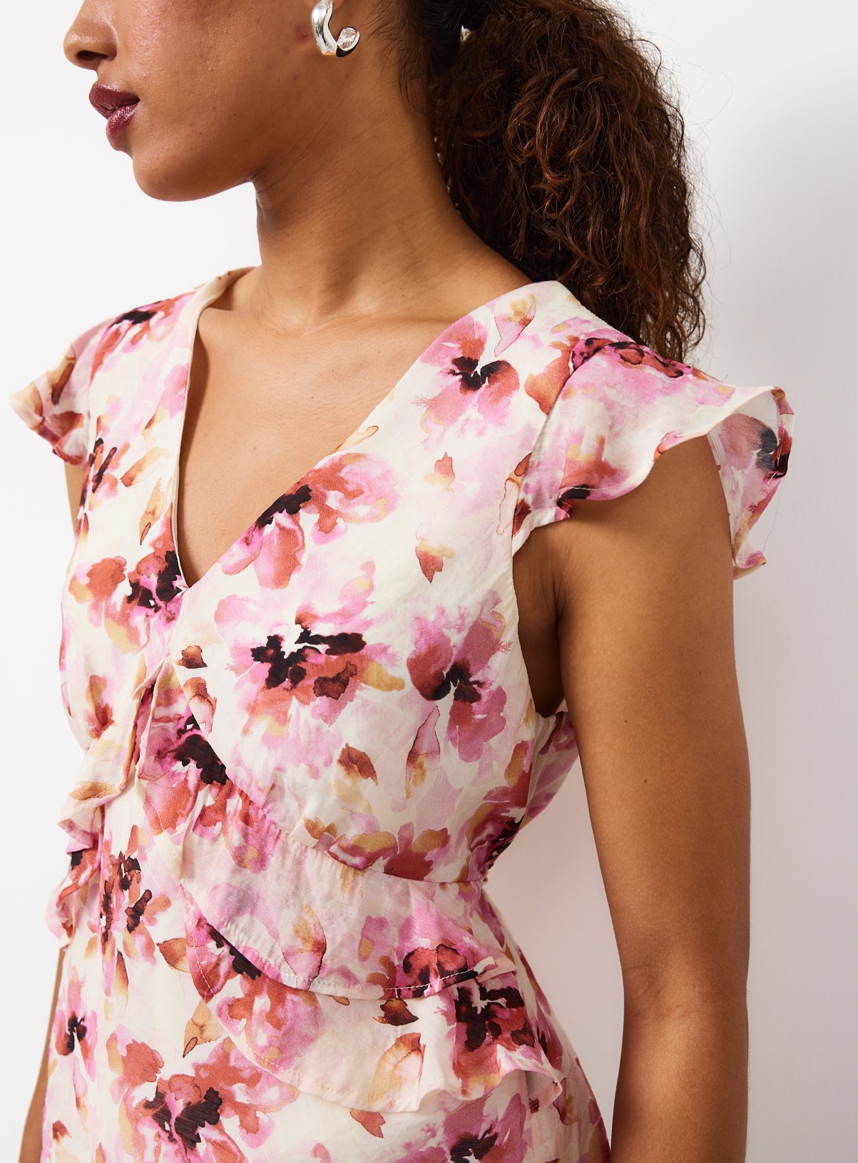 Pink Floral Print Ruffle Front Blouse 12 - Image 3 thumbnail
